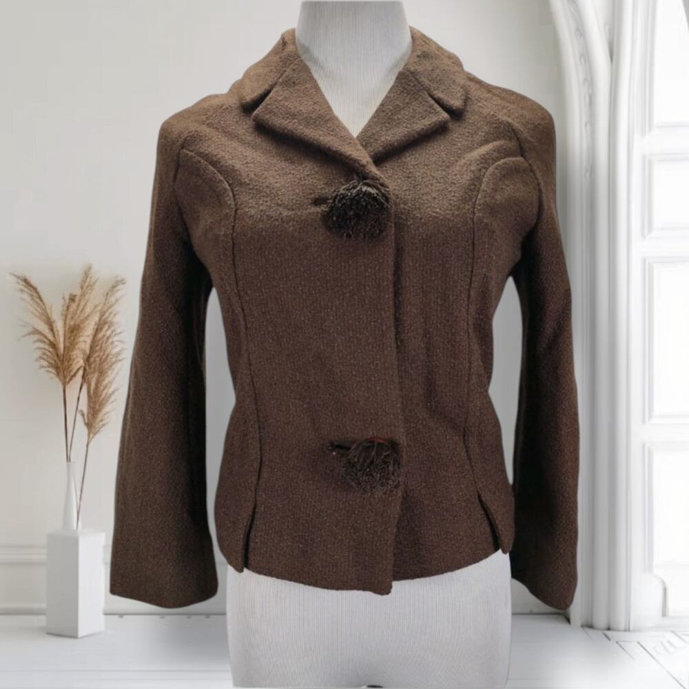 Vintage 1950s Brown Wool Jacket Womens XS Novelty Tassel Buttons Tailored USA